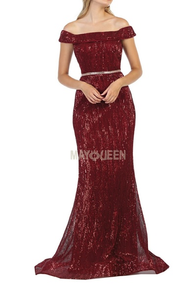 Sequin fitted formal off shoulder evening gown - Picture 4 of 8